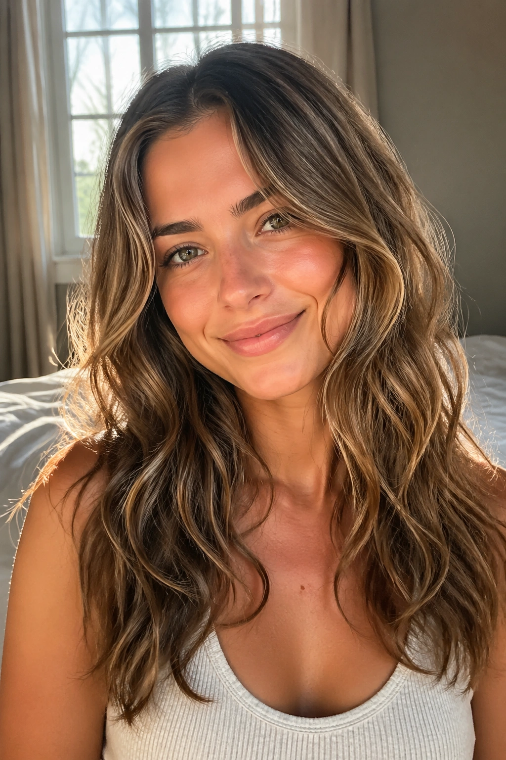 Close-up of a woman with air-dried natural waves and minimal layers