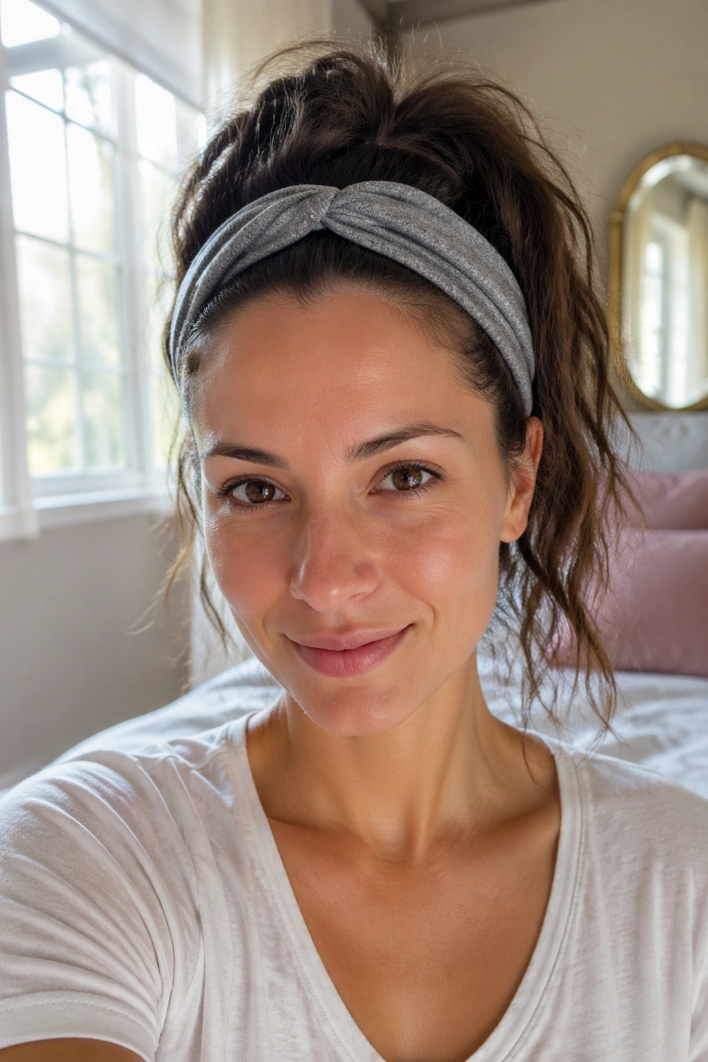 Real woman portrait with air dried high ponytail and jersey headband