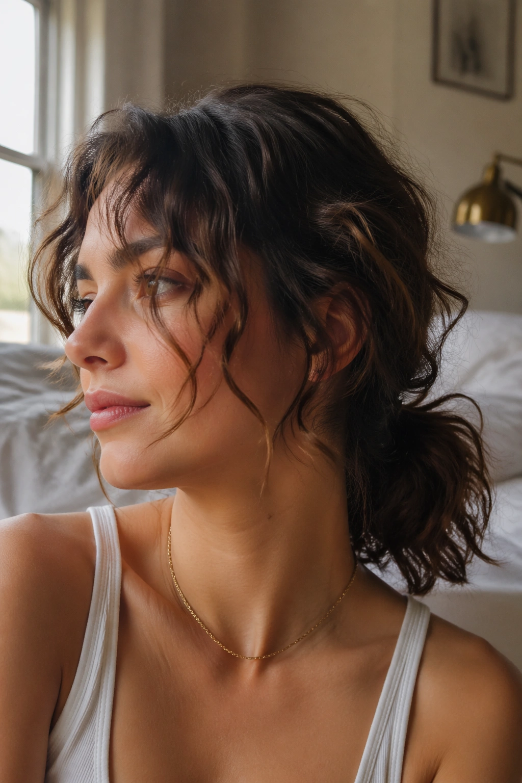Close-up of a real woman with natural air-dried waves in a low ponytail