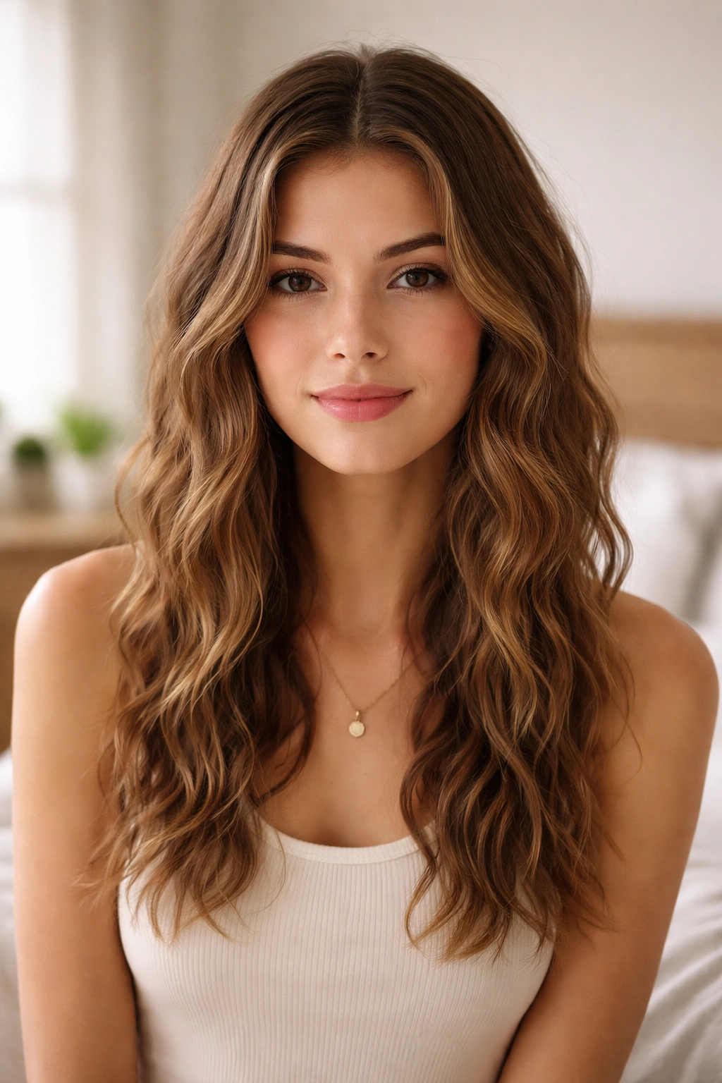 Close-up of air-dried center-part waves on a real person in natural bedroom light