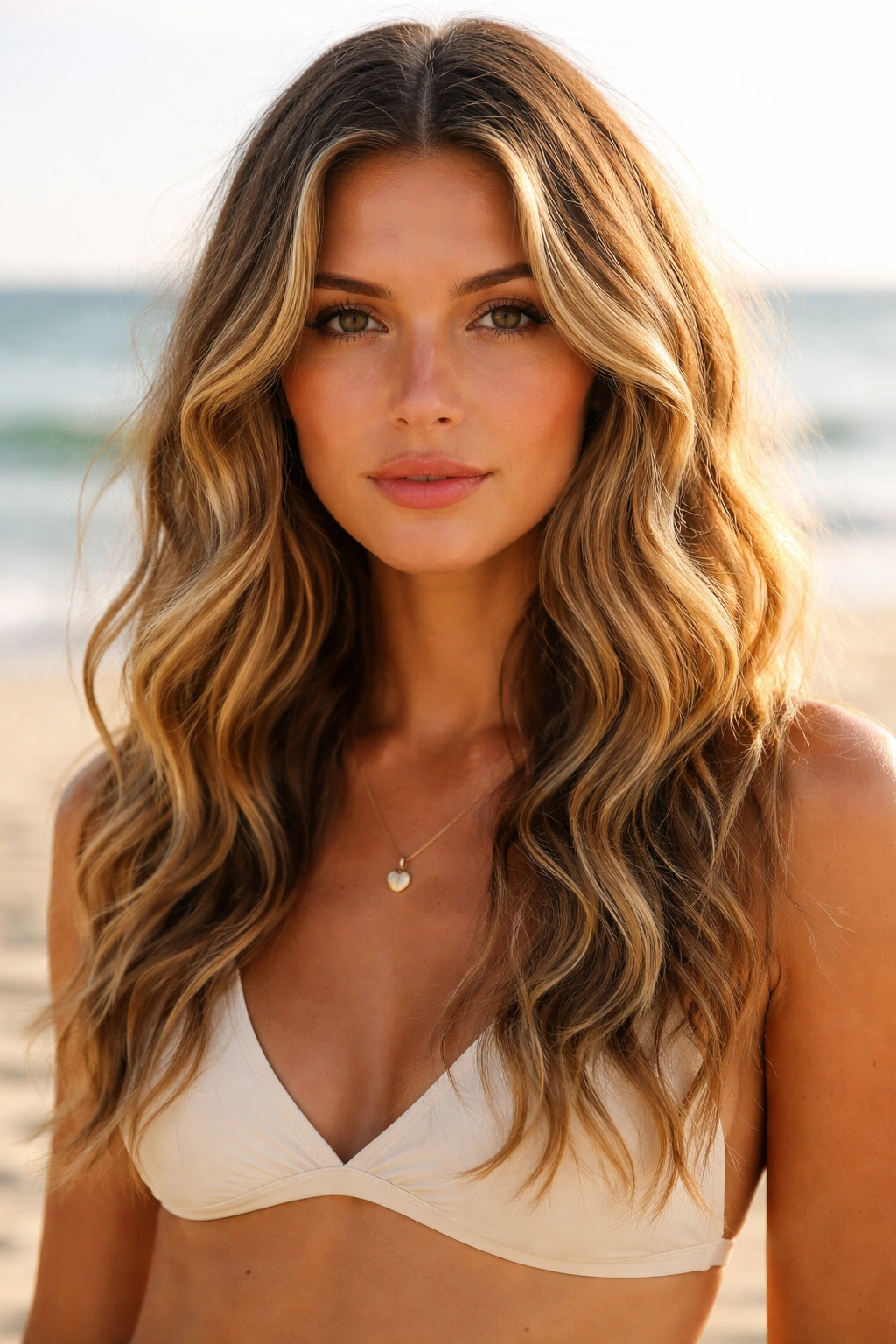 Close-up portrait of a real woman with center-part air-dried waves on a sunny beach.