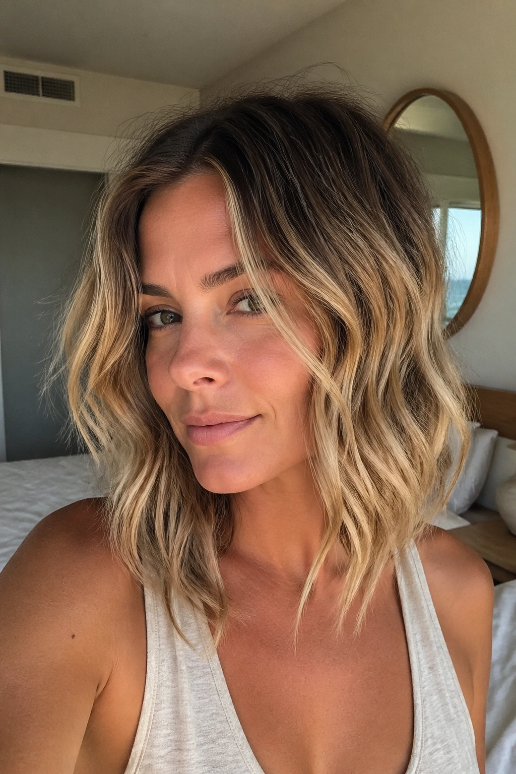 Close-up portrait of a person with air-dried waves and sandy blonde foils.