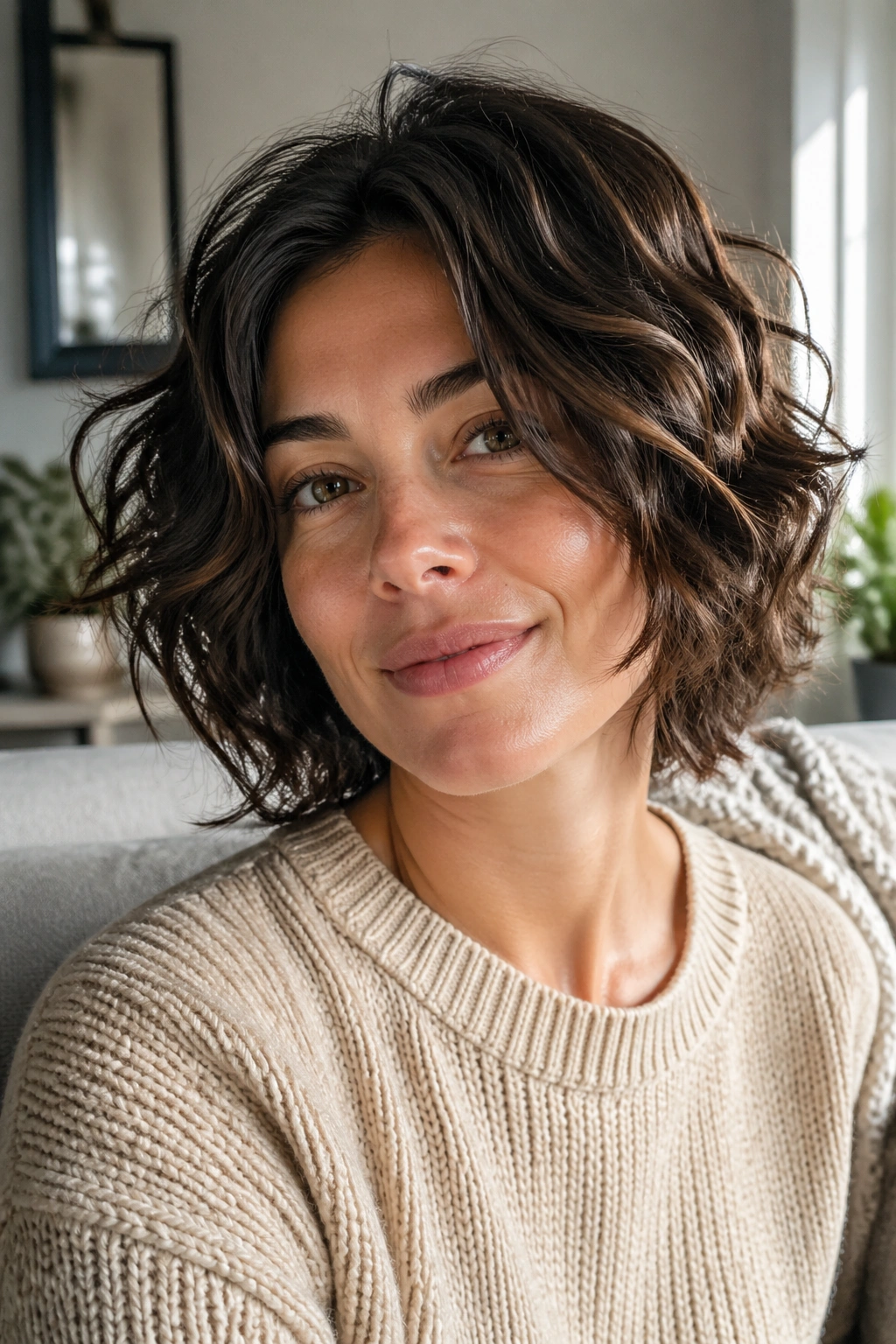 Real woman with air-dried thick wavy bob showing internal debulking