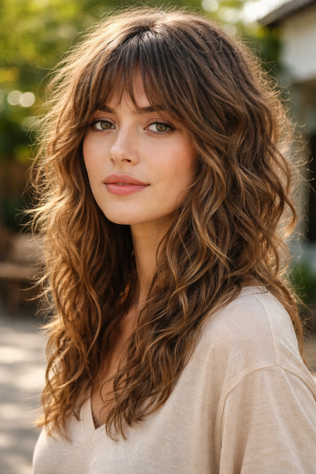 Close-up of a real person with an air-dried wolf cut in sunlit outdoor setting