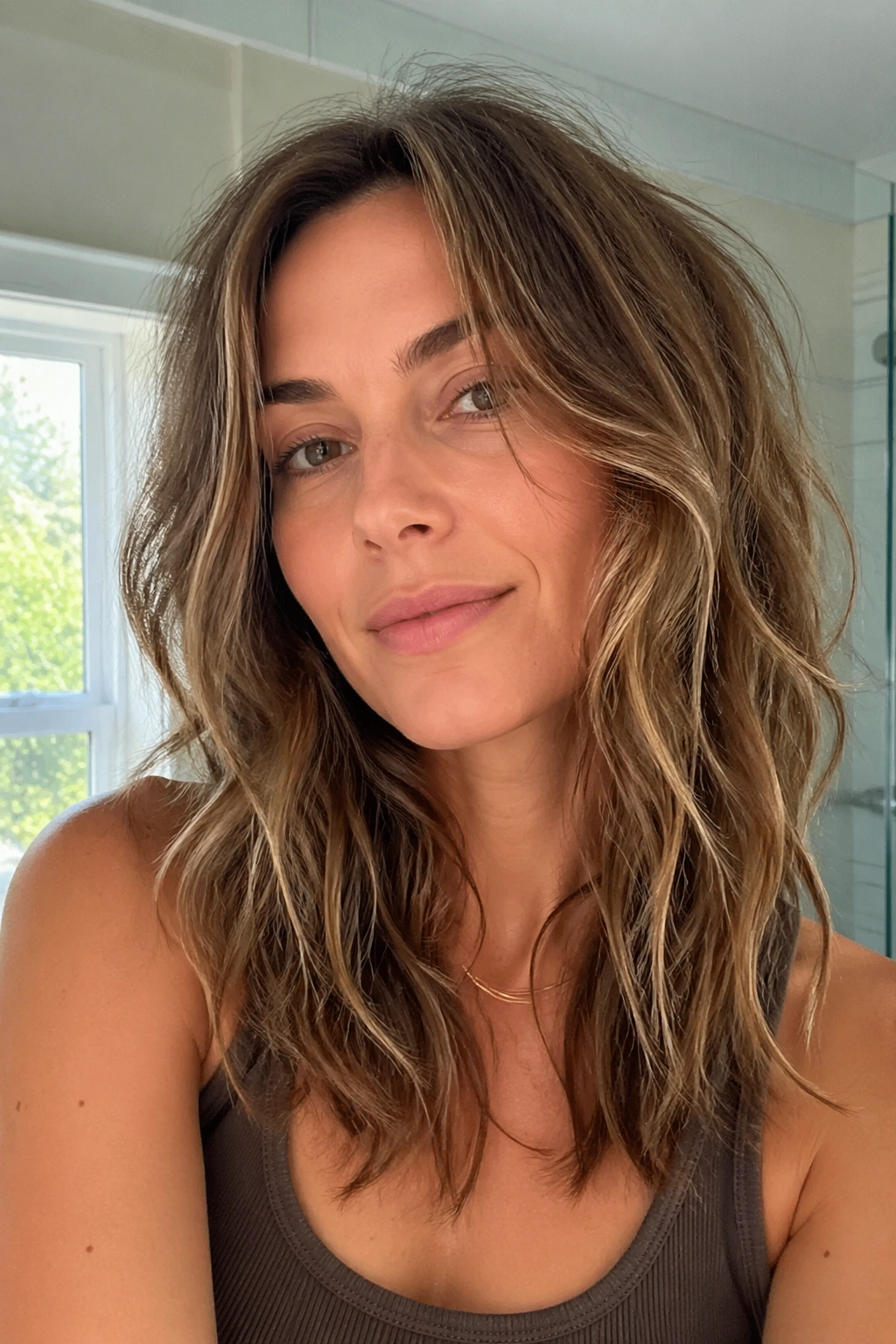 Close-up of a real woman with Air-Dry Shag showing natural waves in a bright bathroom.