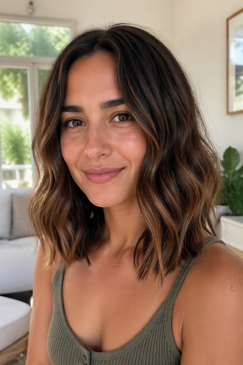 Portrait of a real woman with an air-dry friendly wavy lob and natural waves
