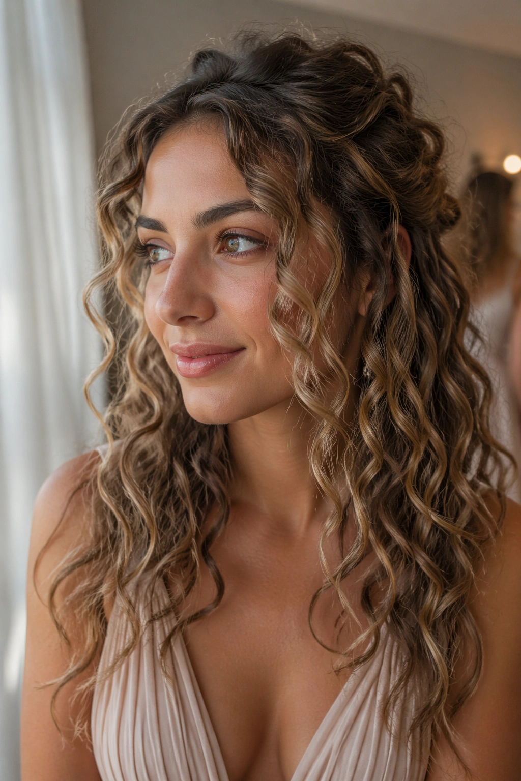 Close-up of airy curly-wavy blend on a real bridesmaid in a softly lit bridal suite