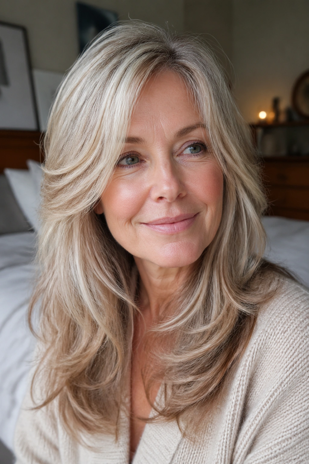 Close-up portrait of a real woman with long, fine hair styled in airy layers and crown lift.