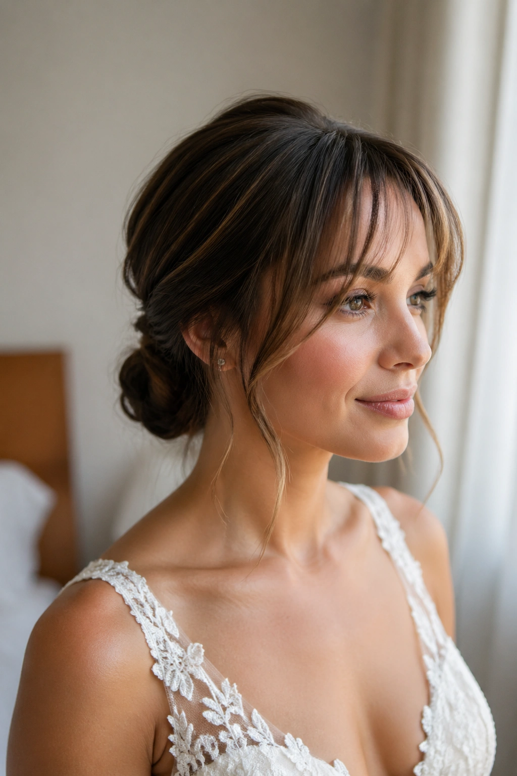 Bride with airy piecey bangs and low chignon.