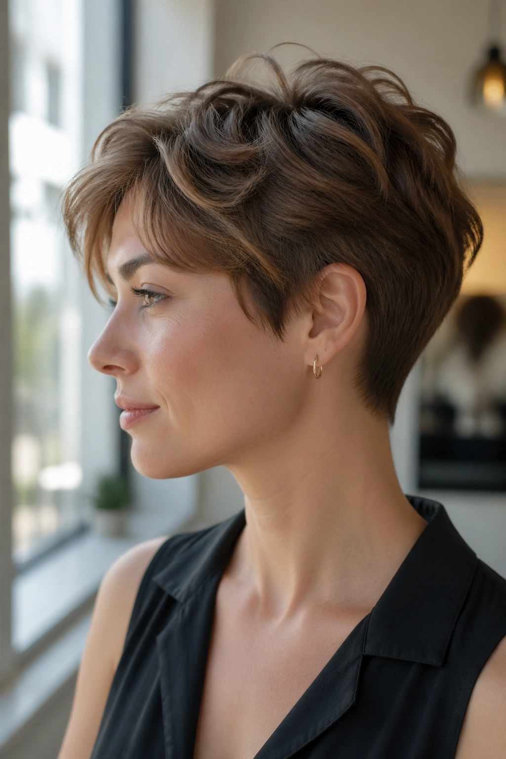 Close-up of a real woman with an airy tapered pixie emphasizing the nape taper and soft wave