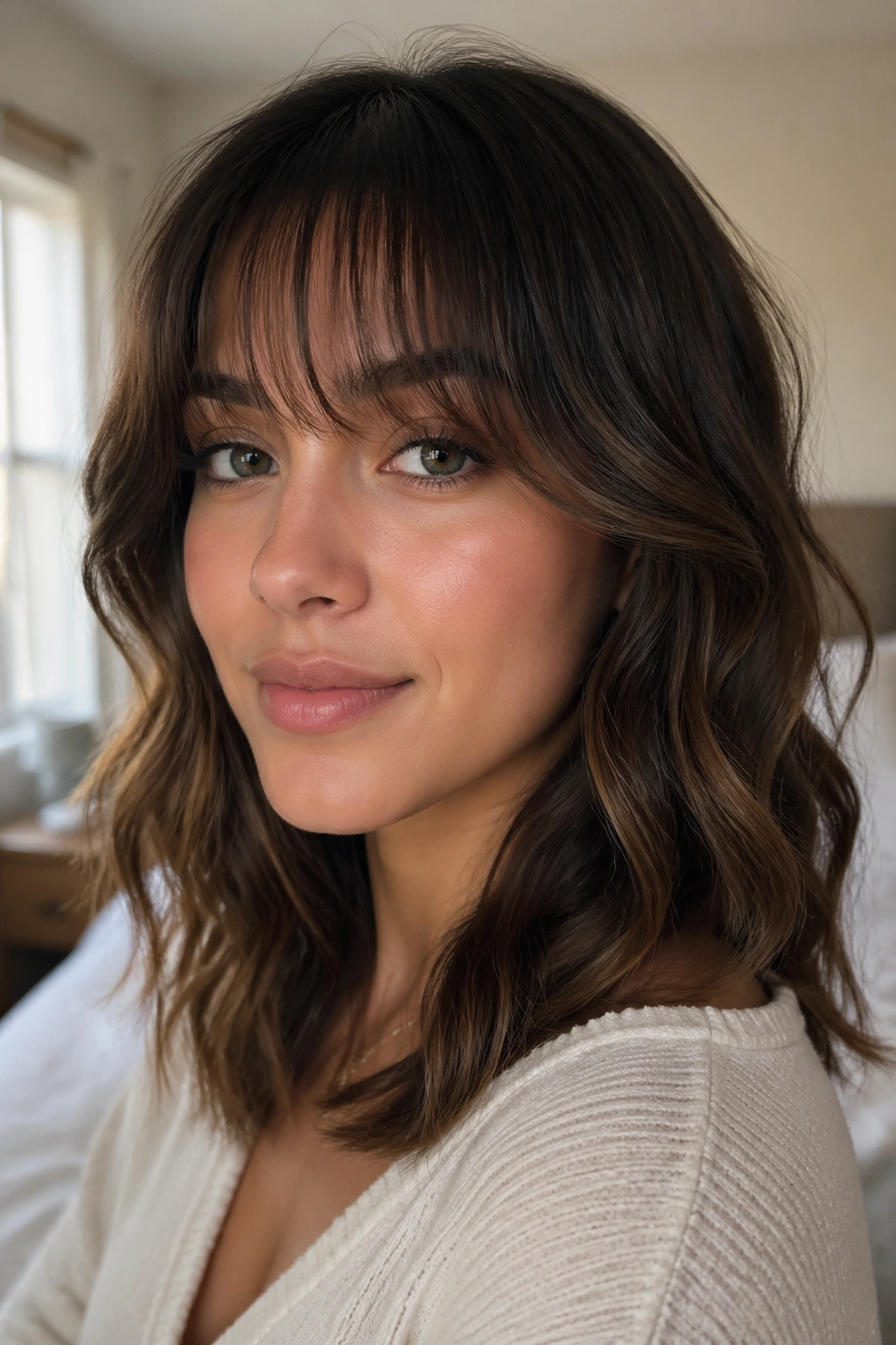 Close-up of a real woman with airy see-through bangs