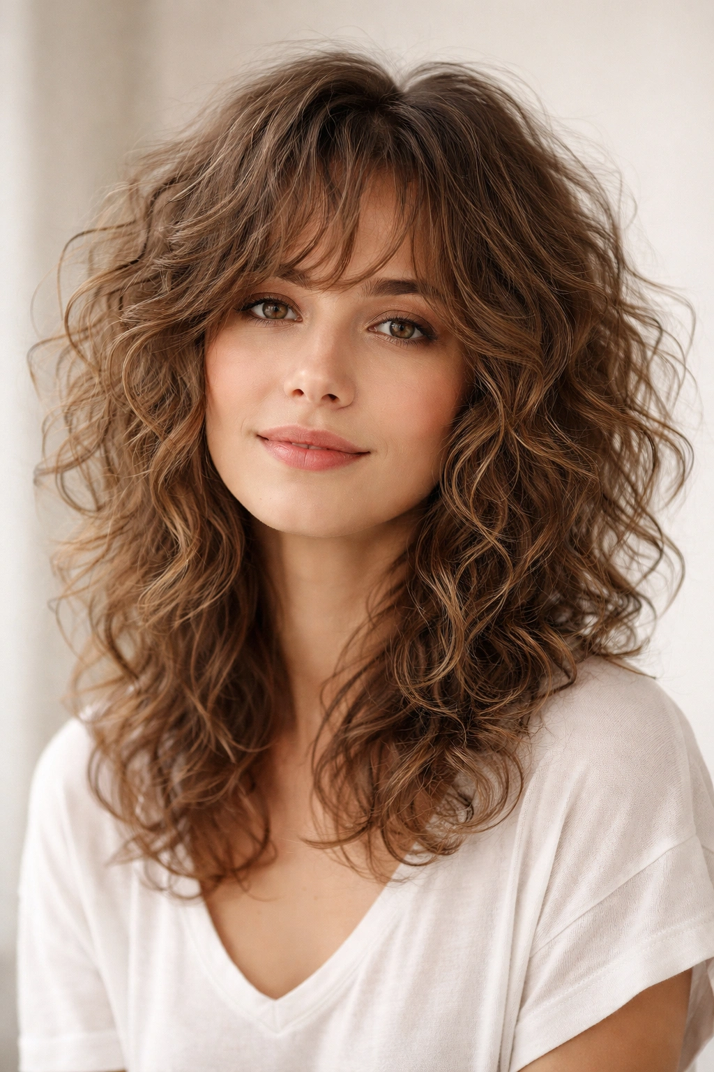 Fine curls in an airy shag with soft lift and preserved perimeter length.