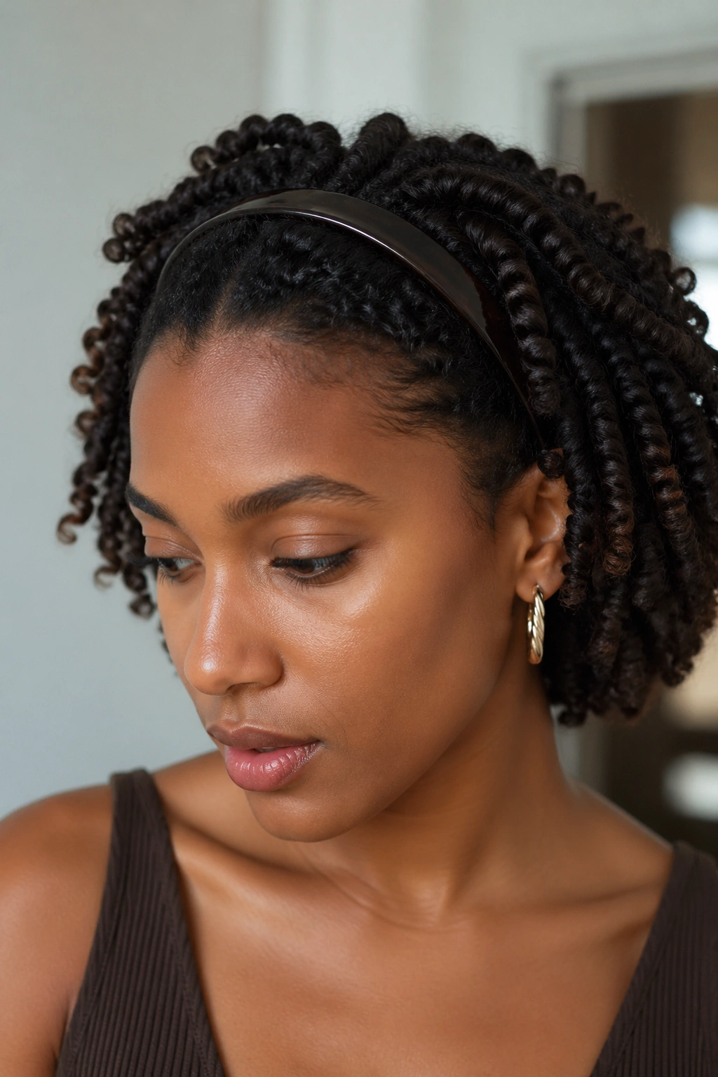 Real person with an Alice band pushed back into a twist-out showing defined curls