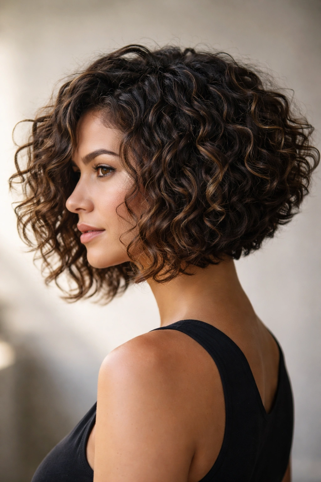 Three-quarter portrait of A-Line curly bob with longer front and shorter back