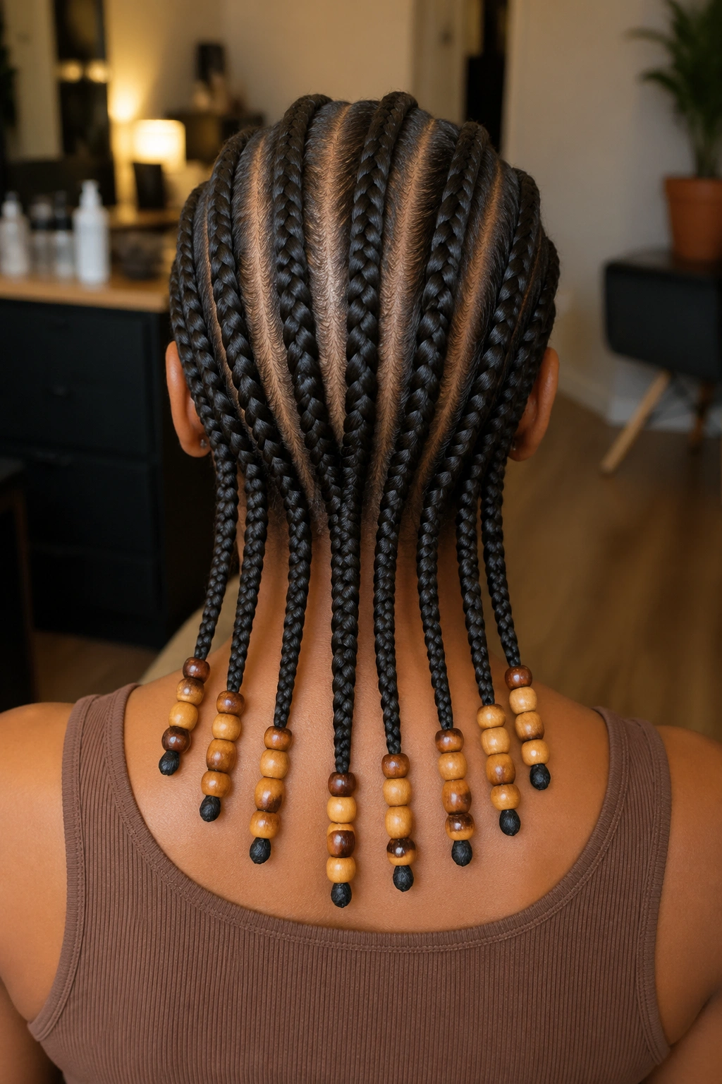 Back-of-head portrait showing classic all-back feed-in cornrows with wooden beads at the ends