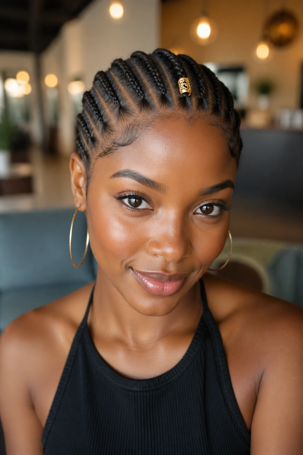 Close-up of all-back cornrows featuring single cuff on front braid