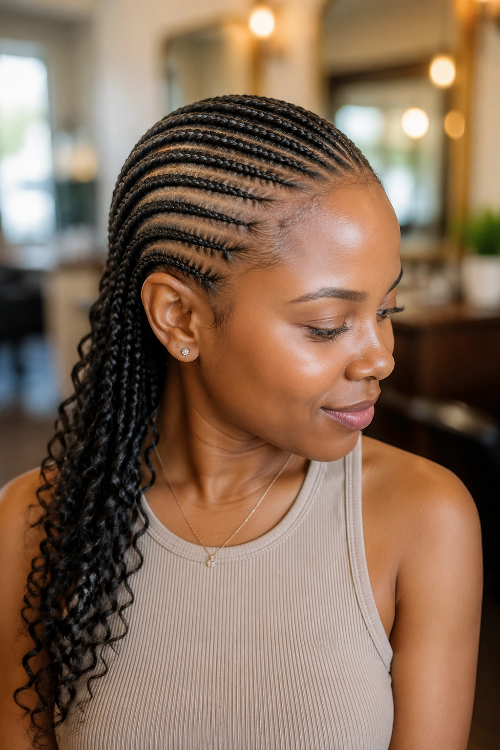 Close-up of all-back cornrows from hairline to nape on a real person