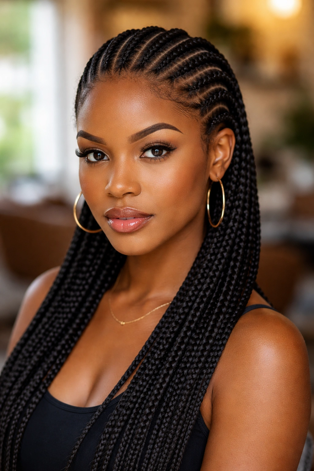 Close-up portrait of a real woman with all-back cornrows showing the staple hairstyle