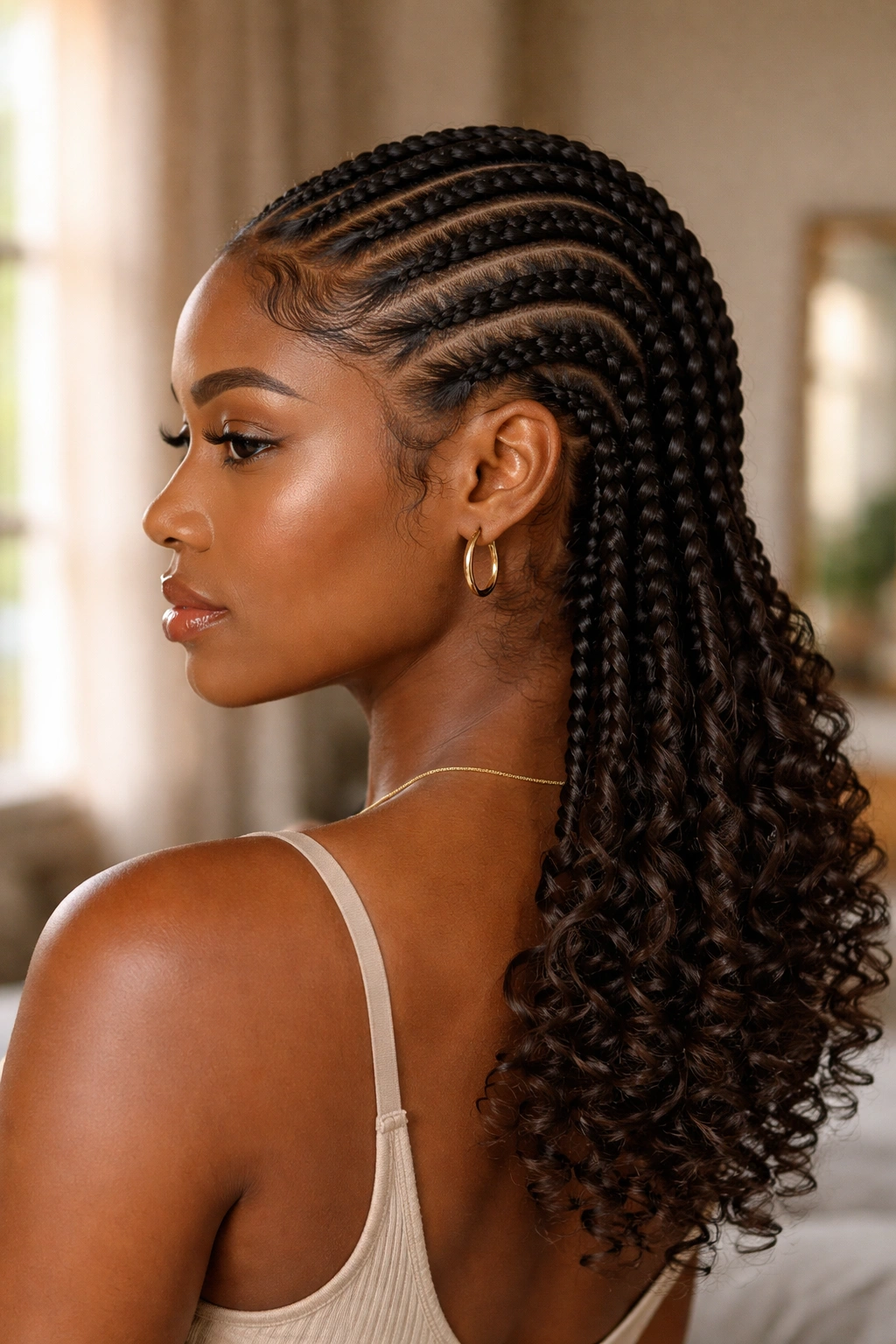 Close-up of a real woman with all-back cornrows and curly ends in warm window light.
