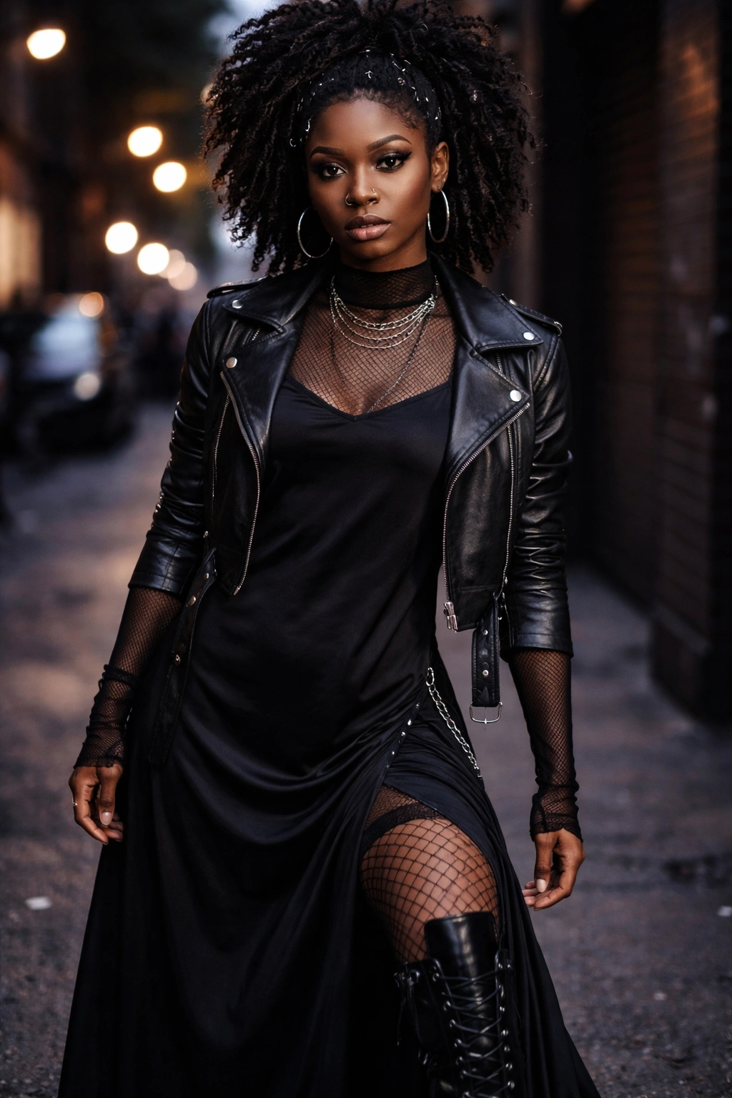 All-black layered afro punk outfit with fishnets and leather jacket on a real person.