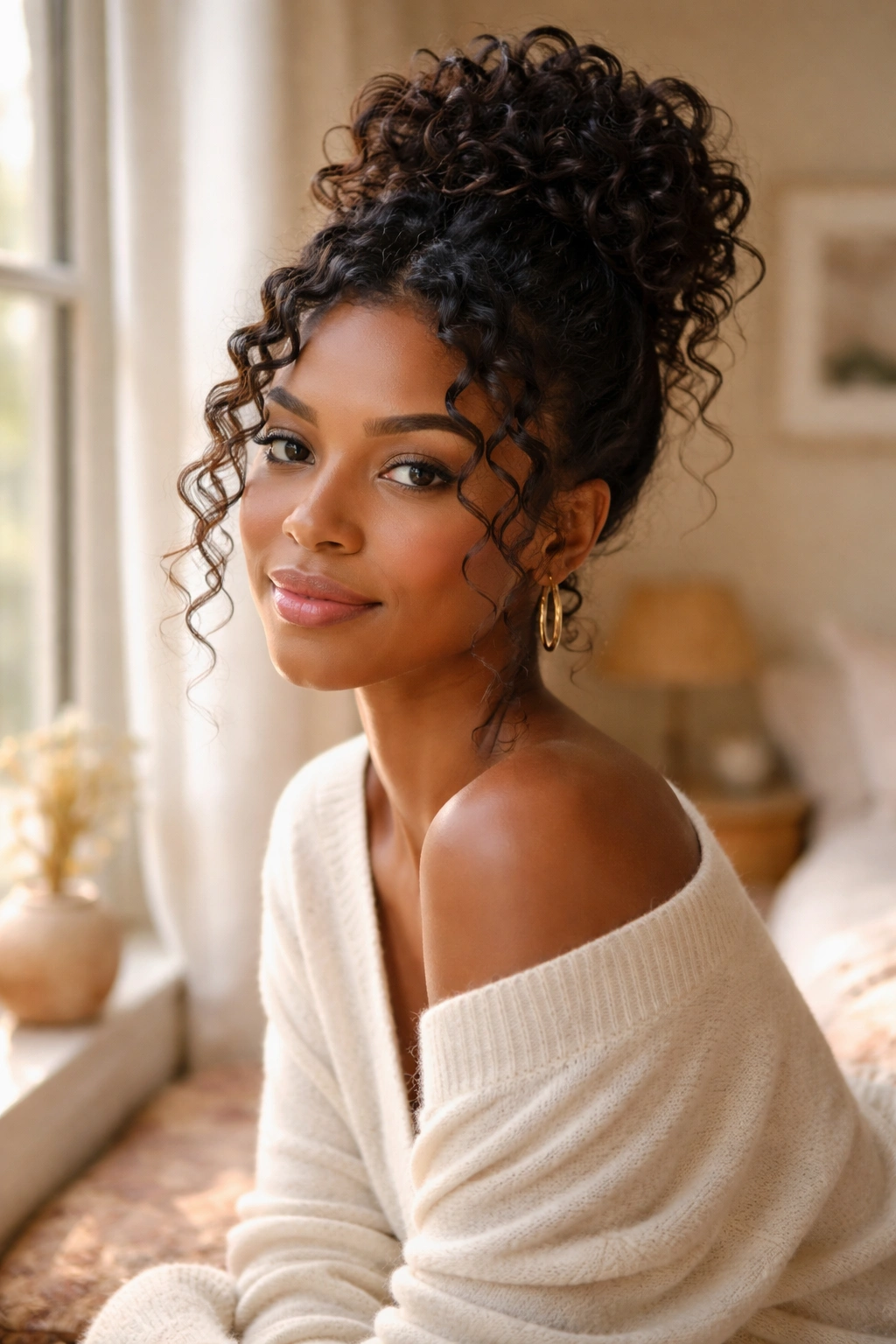 Close-up portrait of a woman with a bun and hanging curls in soft natural light