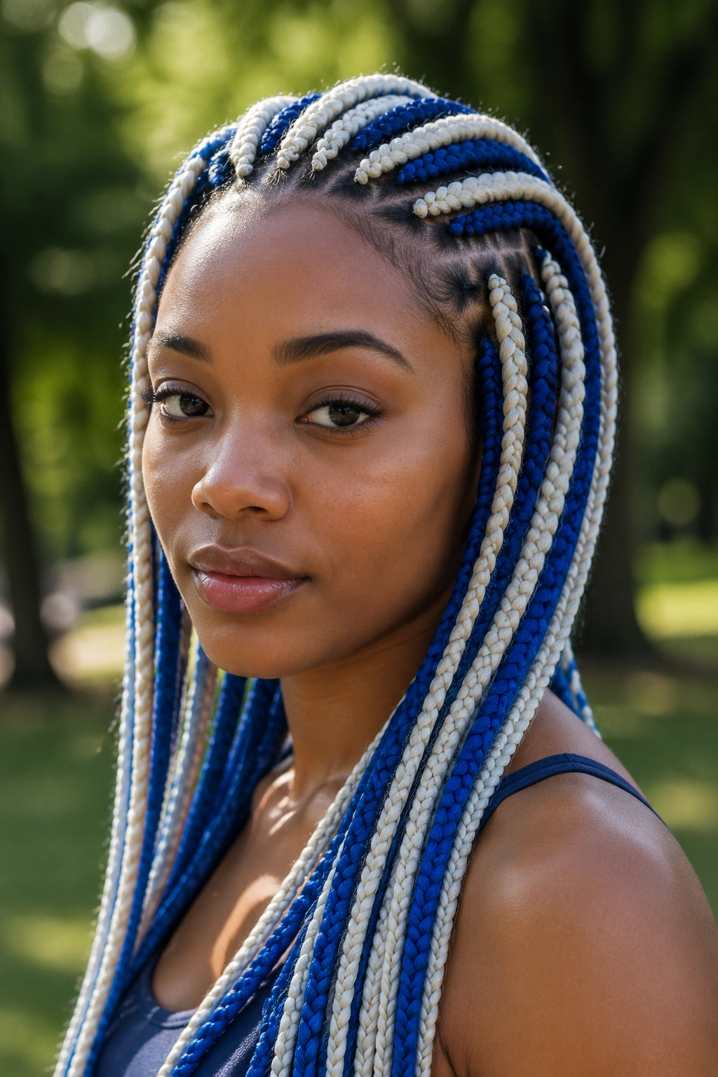 Close-up of a real woman with alternating blue and white box braids across the scalp