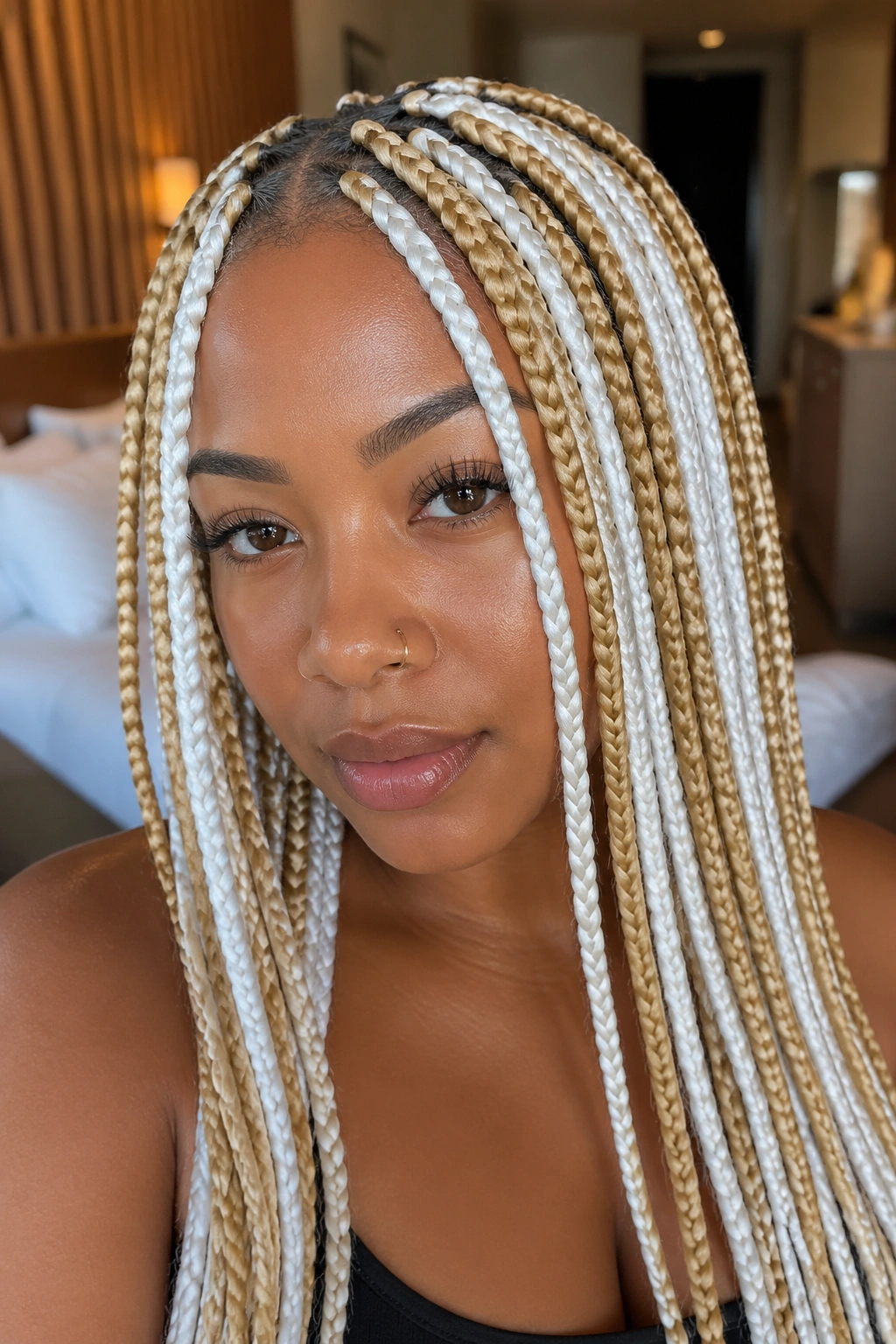 Close-up portrait of a real woman with alternating blonde and white box braids filling the frame.
