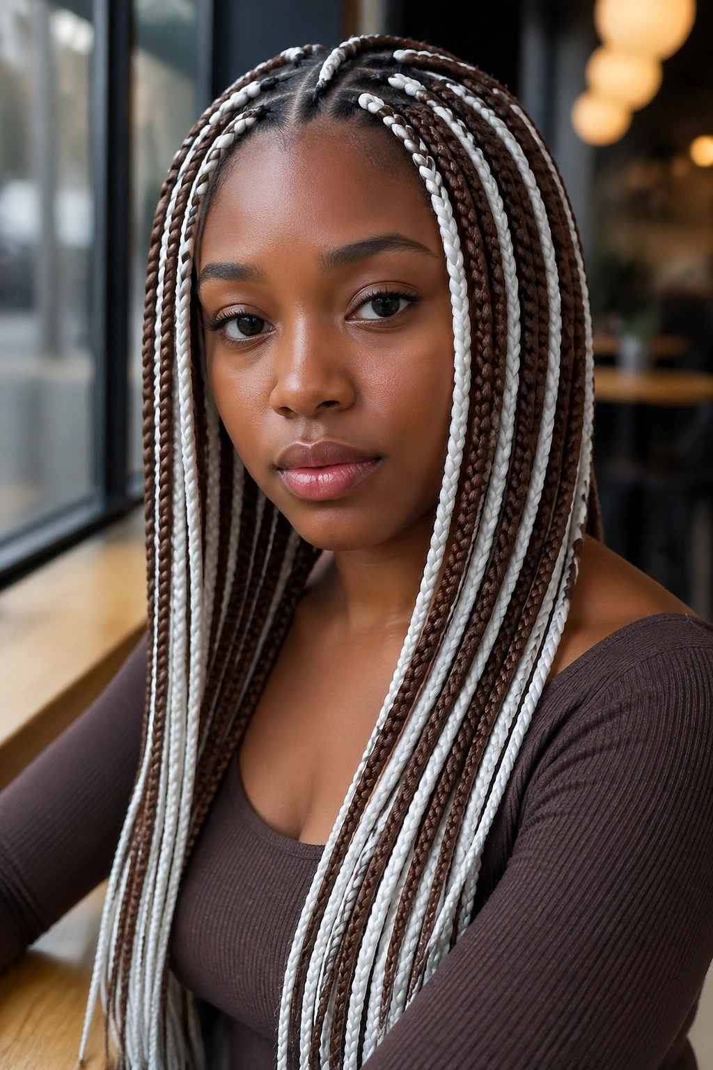 Close-up portrait of a real person with alternating brown and white braids