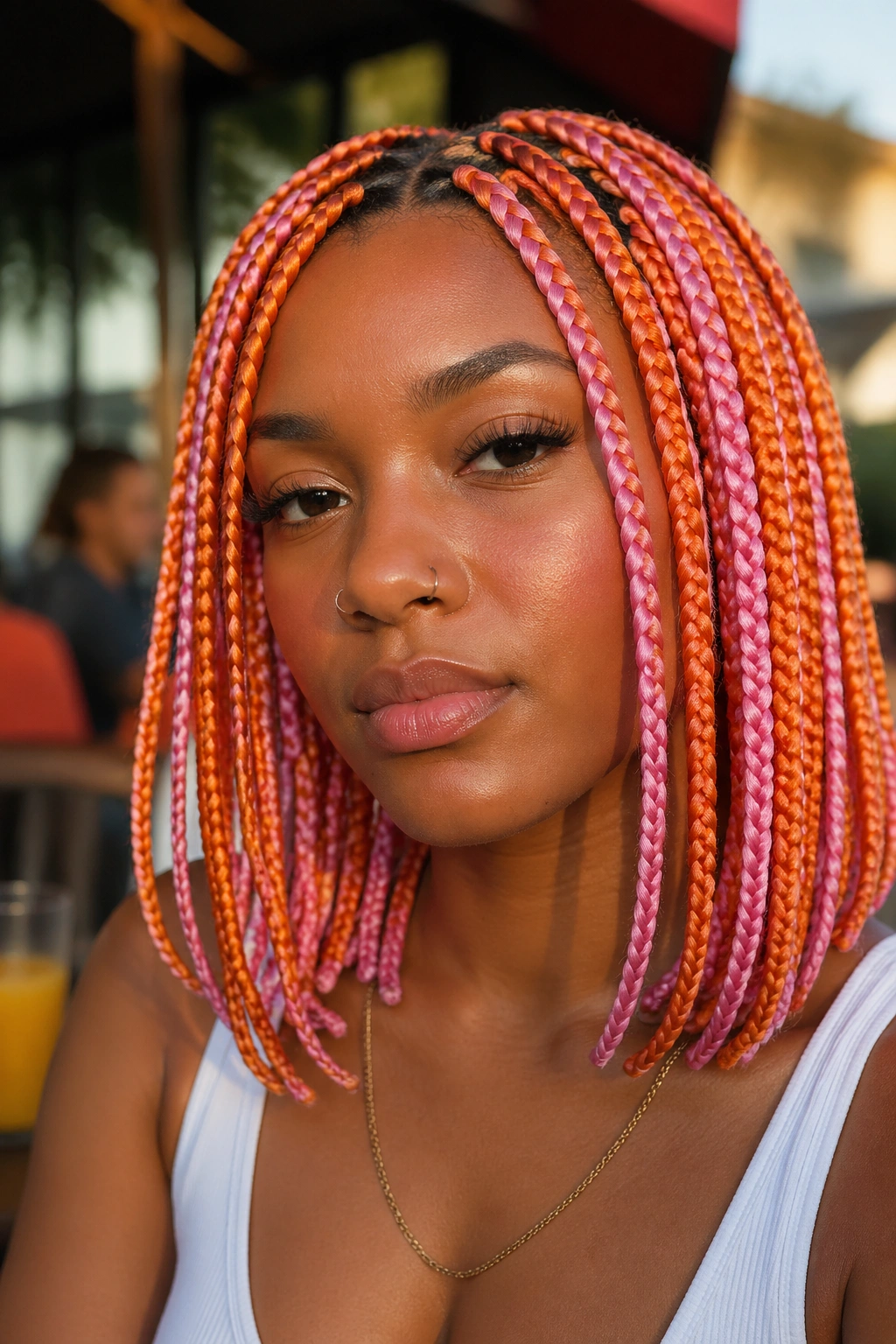Close-up portrait of alternating orange and pink box braids on a real person in outdoor sunlit setting