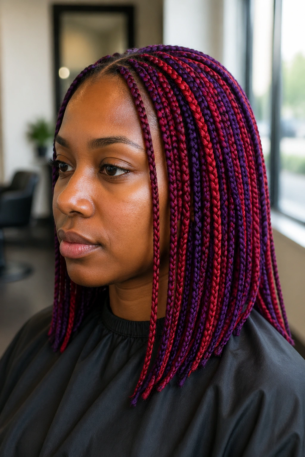 Close-up of a real person with small box braids in alternating purple and red rows