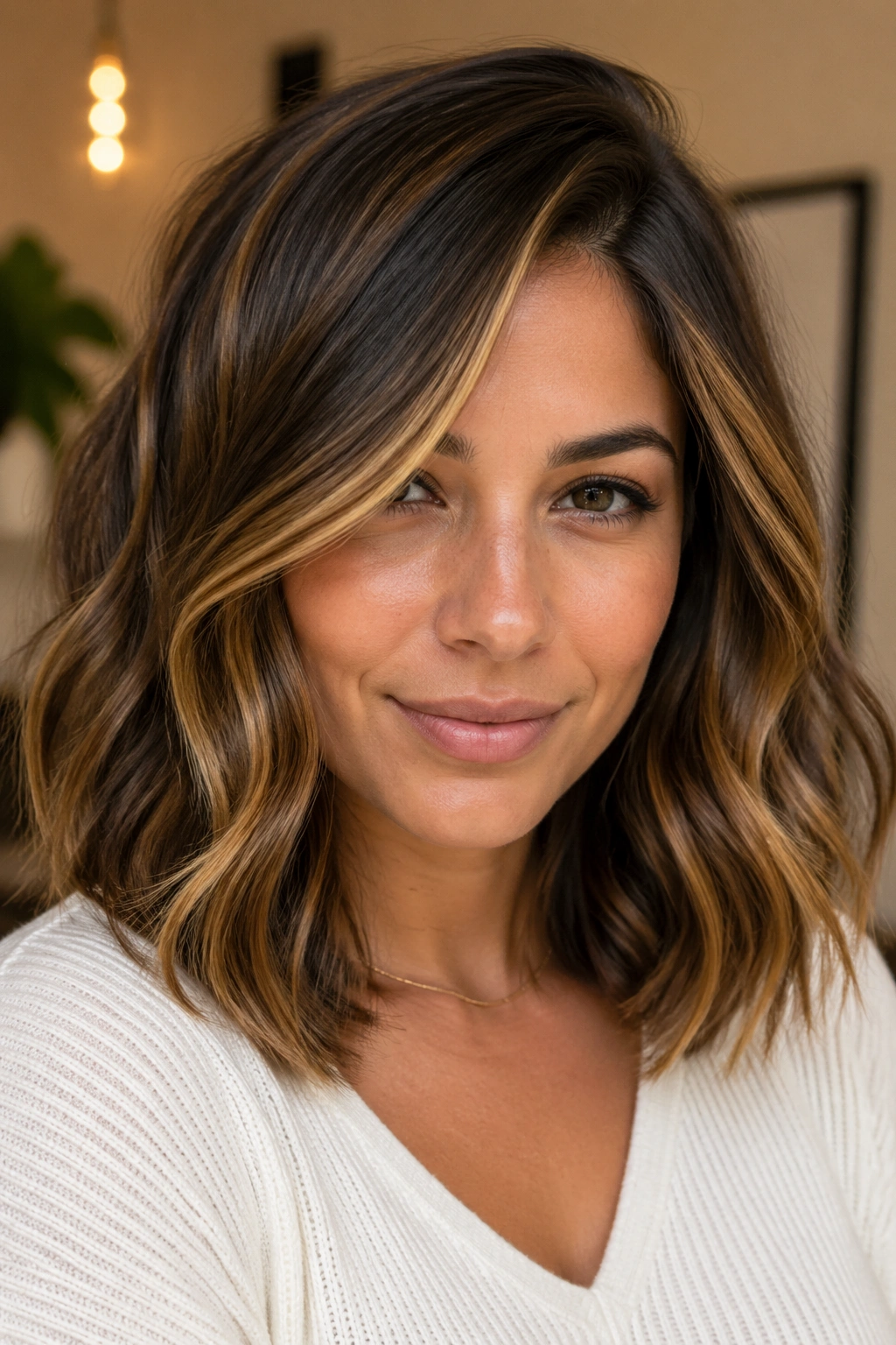 Close-up of a real woman with side-parted waves and amber contour highlights