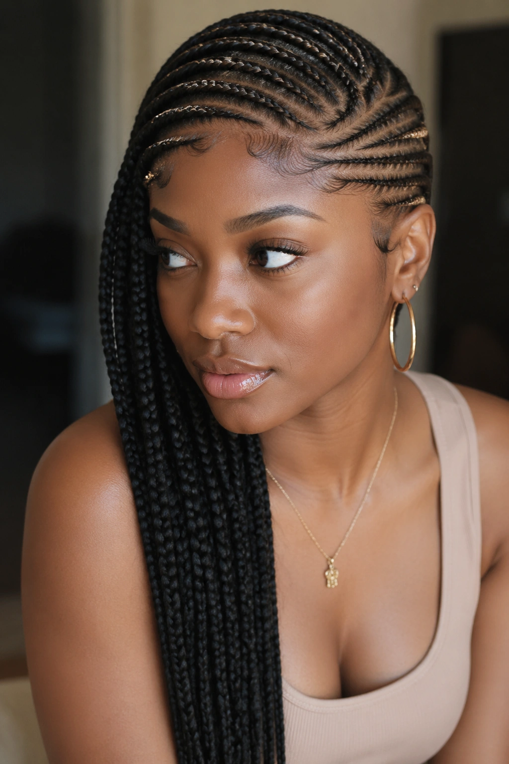 Close-up of a real woman with a lemonade braid showing deep part, sweep, and long length
