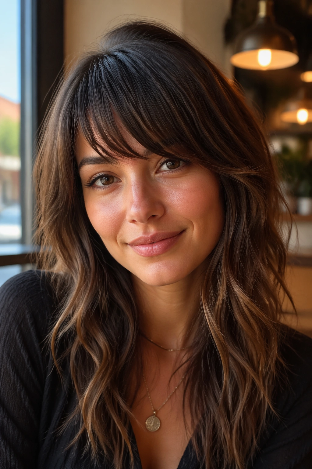 Close-up of real woman with angled bangs narrowing toward temples and soft waves