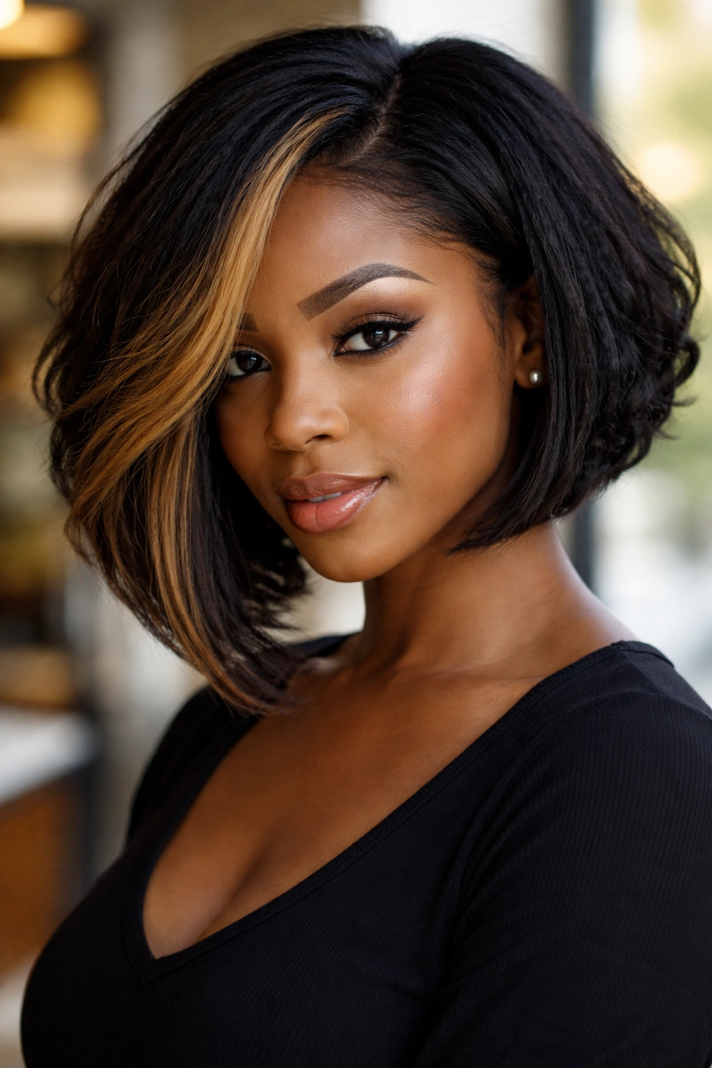 Portrait of a real woman with an angled color-front bob