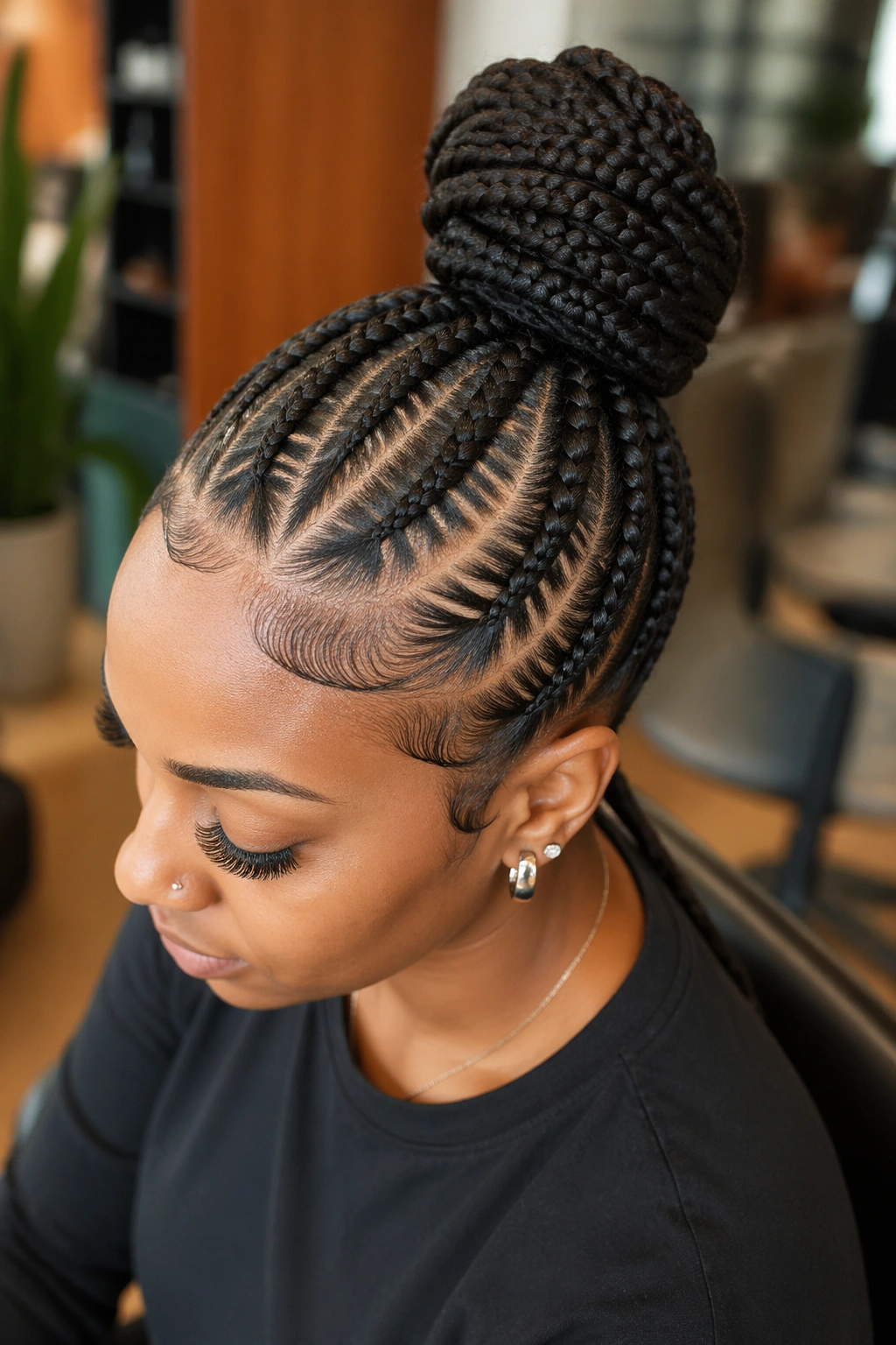 Real person with angled cornrows meeting at an off-center bun