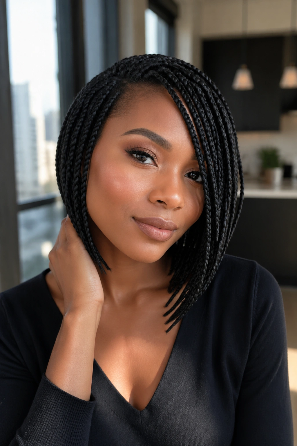 Portrait of a real woman with angled side-swept box braids