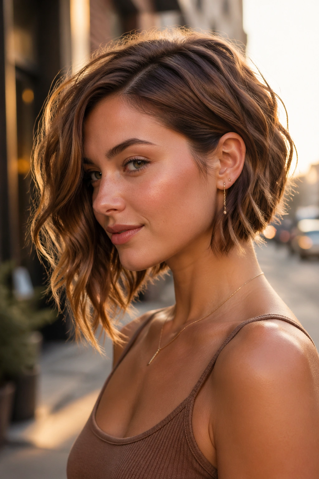 Portrait of a real woman with angled wavy bob and longer front in urban golden hour light