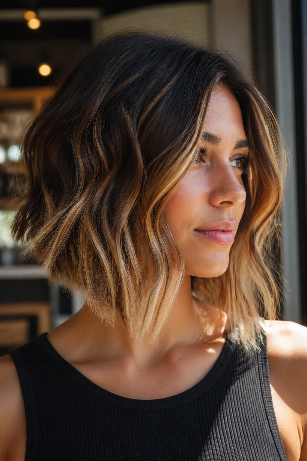 Portrait of a woman with an angled wavy bob and toffee balayage.