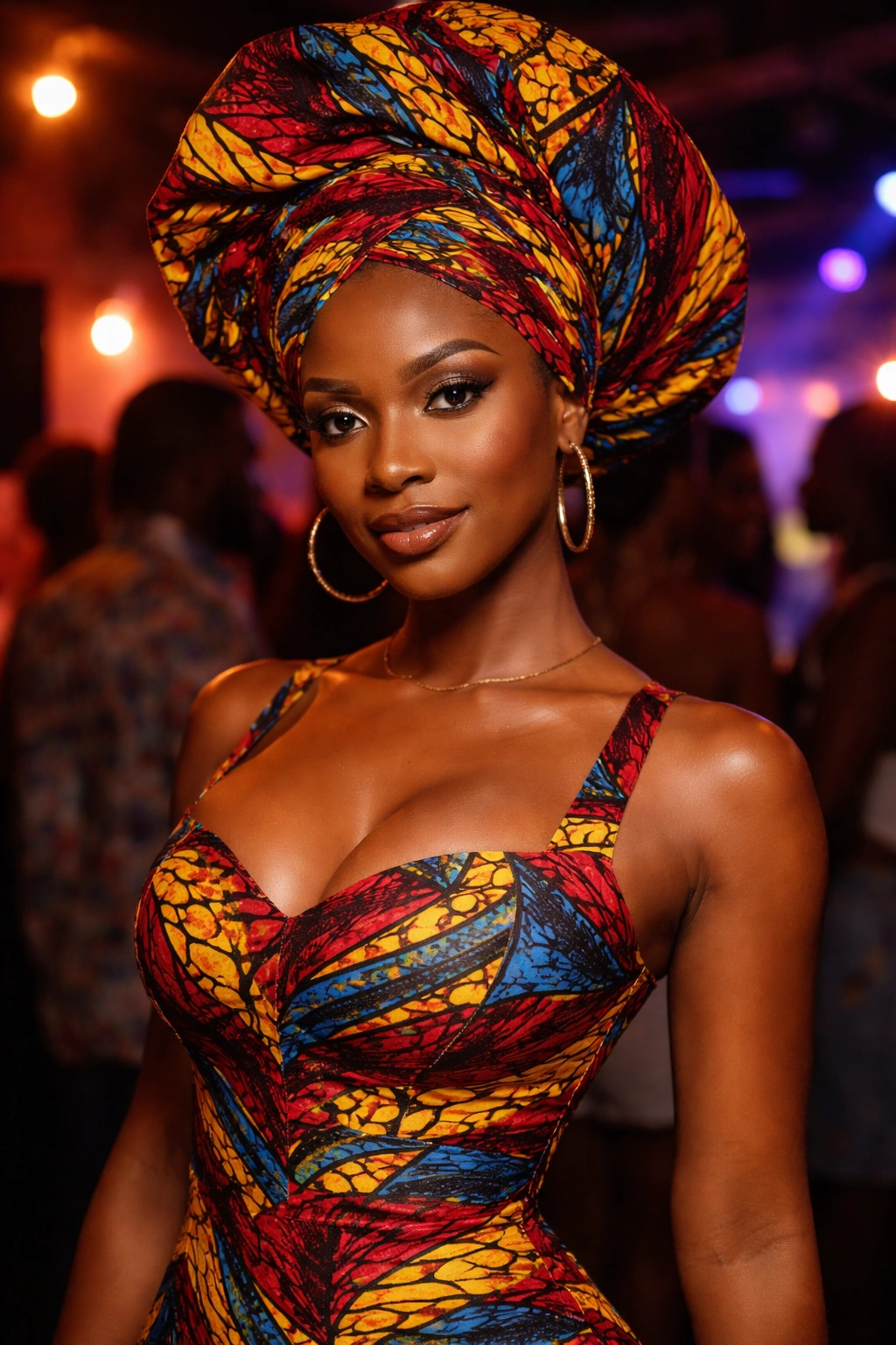 Close-up portrait of a woman in Ankara bodycon and matching headwrap with vibrant print.
