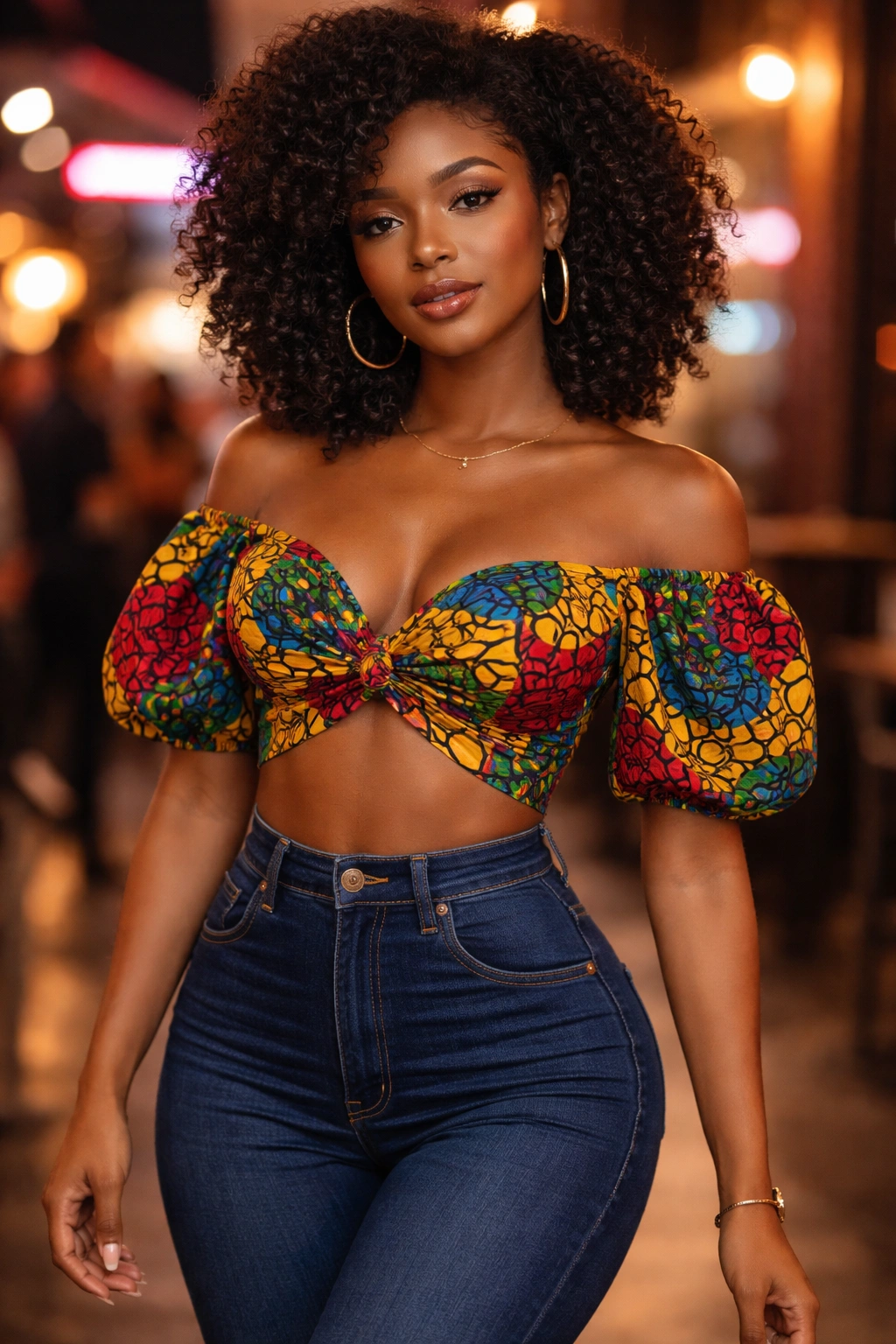 Close-up portrait of a woman wearing Ankara crop top with high-waisted jeans in an urban night scene
