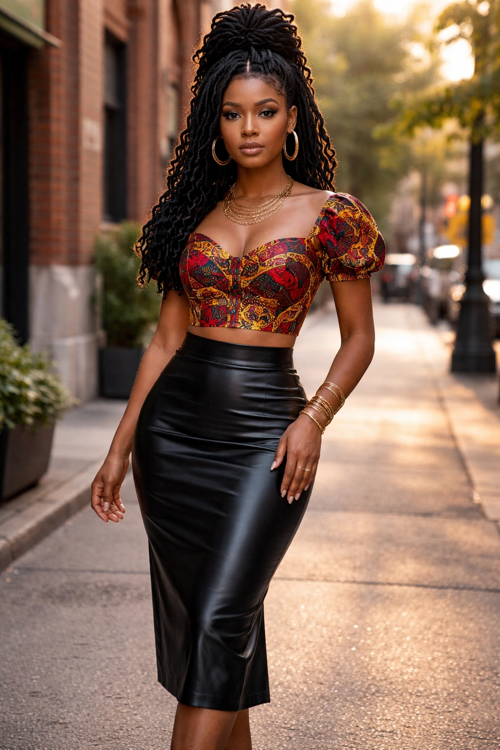 Woman wearing bold Ankara crop top with faux leather midi skirt on sunset street.