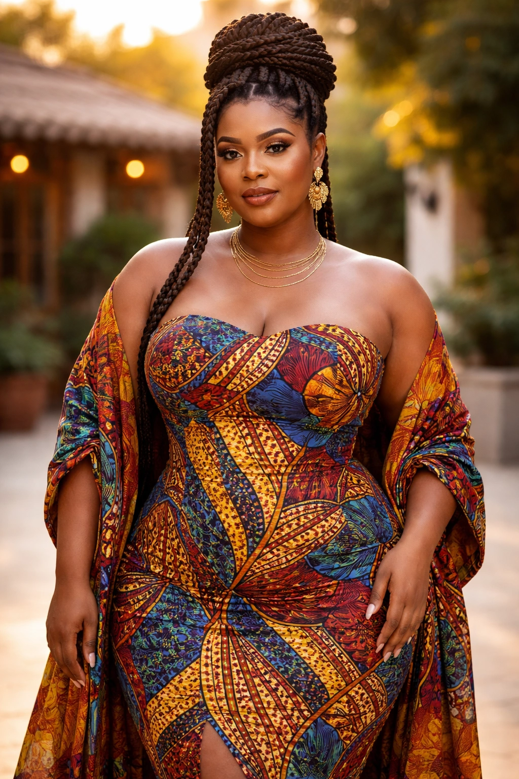 Plus-size model in strapless Ankara dress with shawl outdoors at golden hour