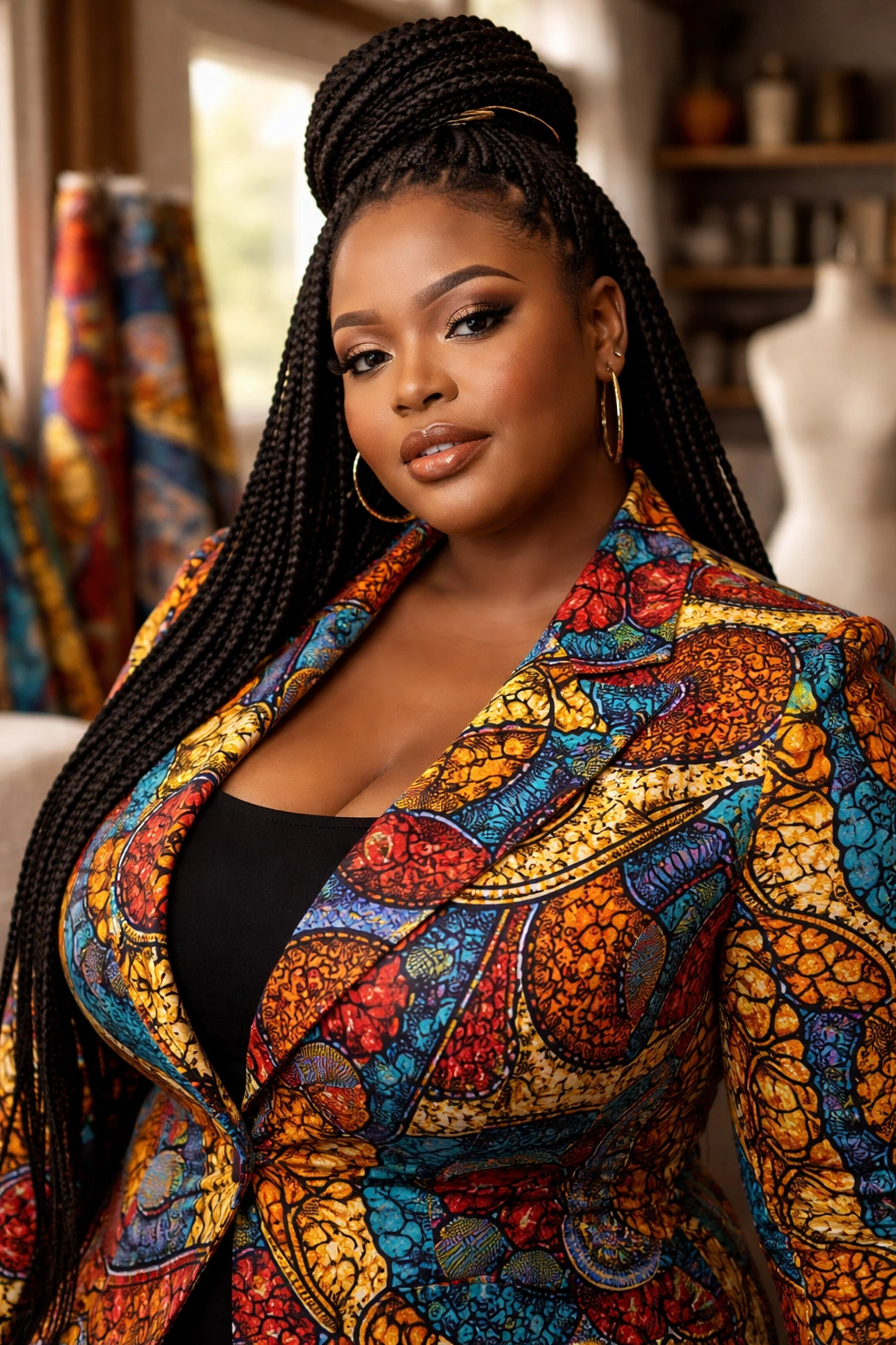Plus-size woman in bold Ankara blazer in a tailoring shop