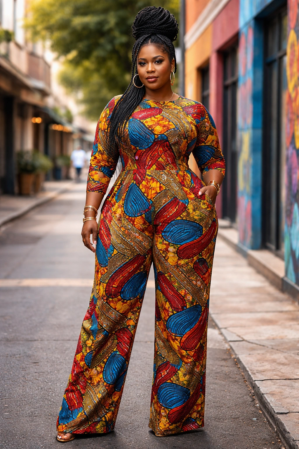 Plus-size model in bold Ankara jumpsuit on urban street