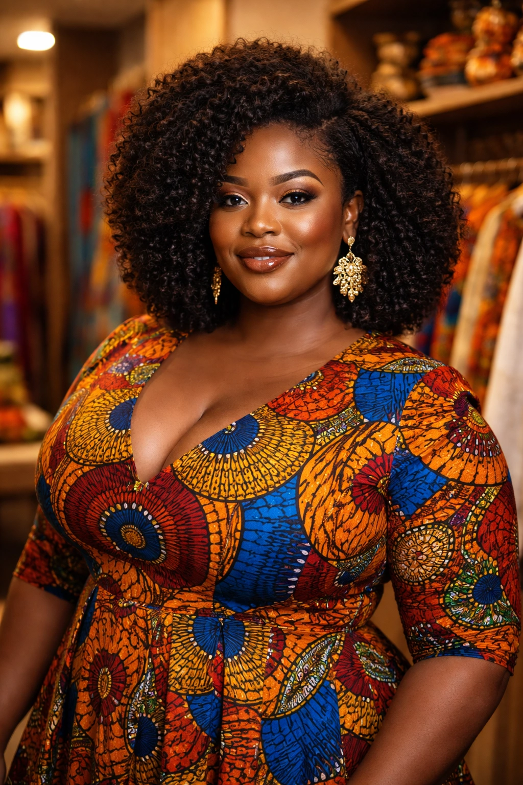 Plus-size woman in tailored Ankara dress in boutique setting