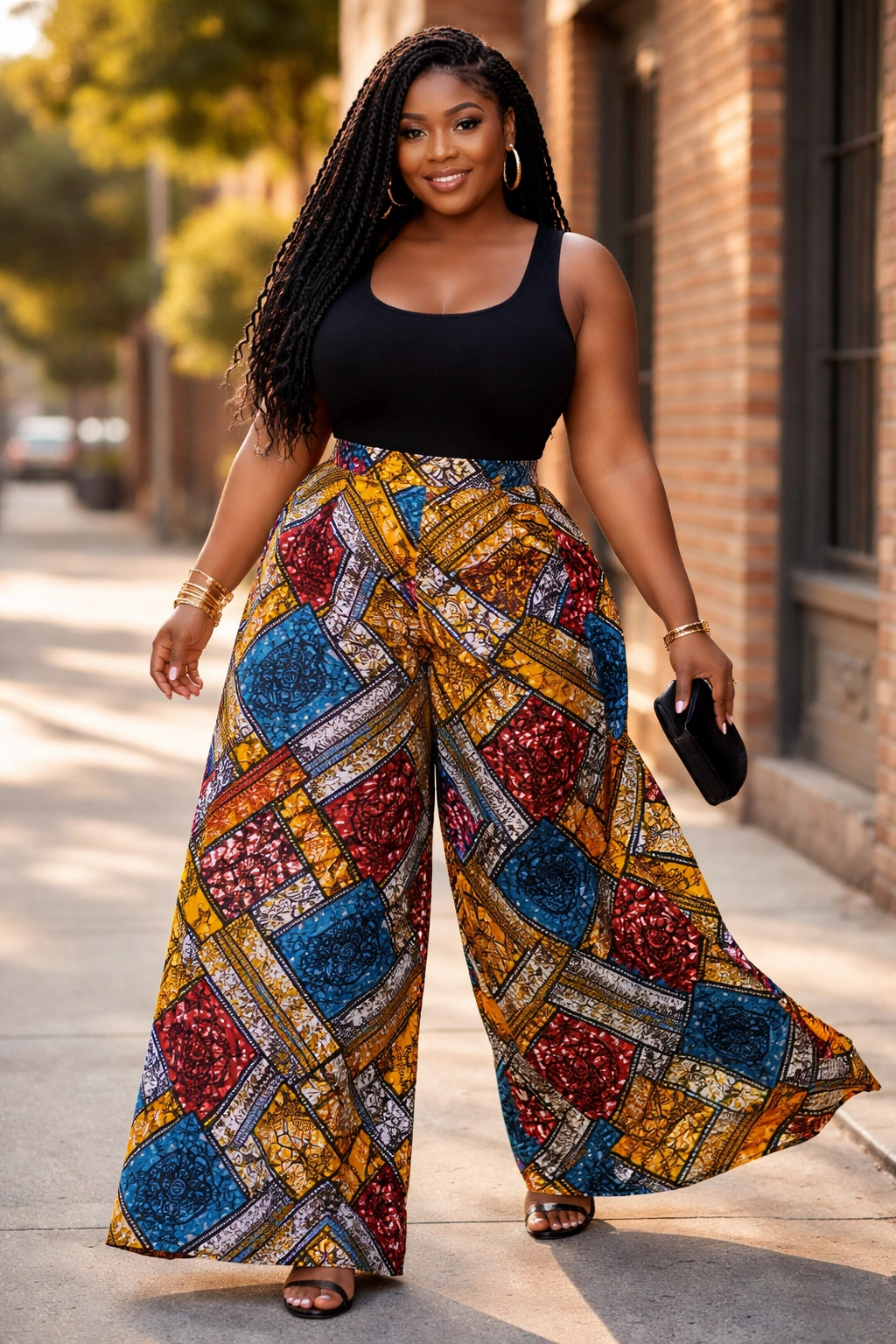Plus-size model wearing wide-leg Ankara trousers and solid top on street