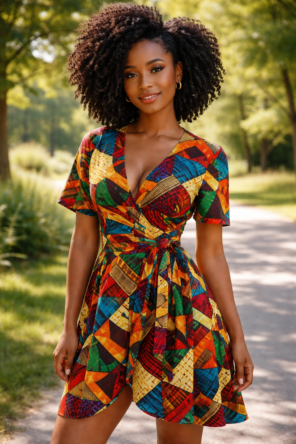 Woman wearing a bold Ankara wrap dress in a sunny park