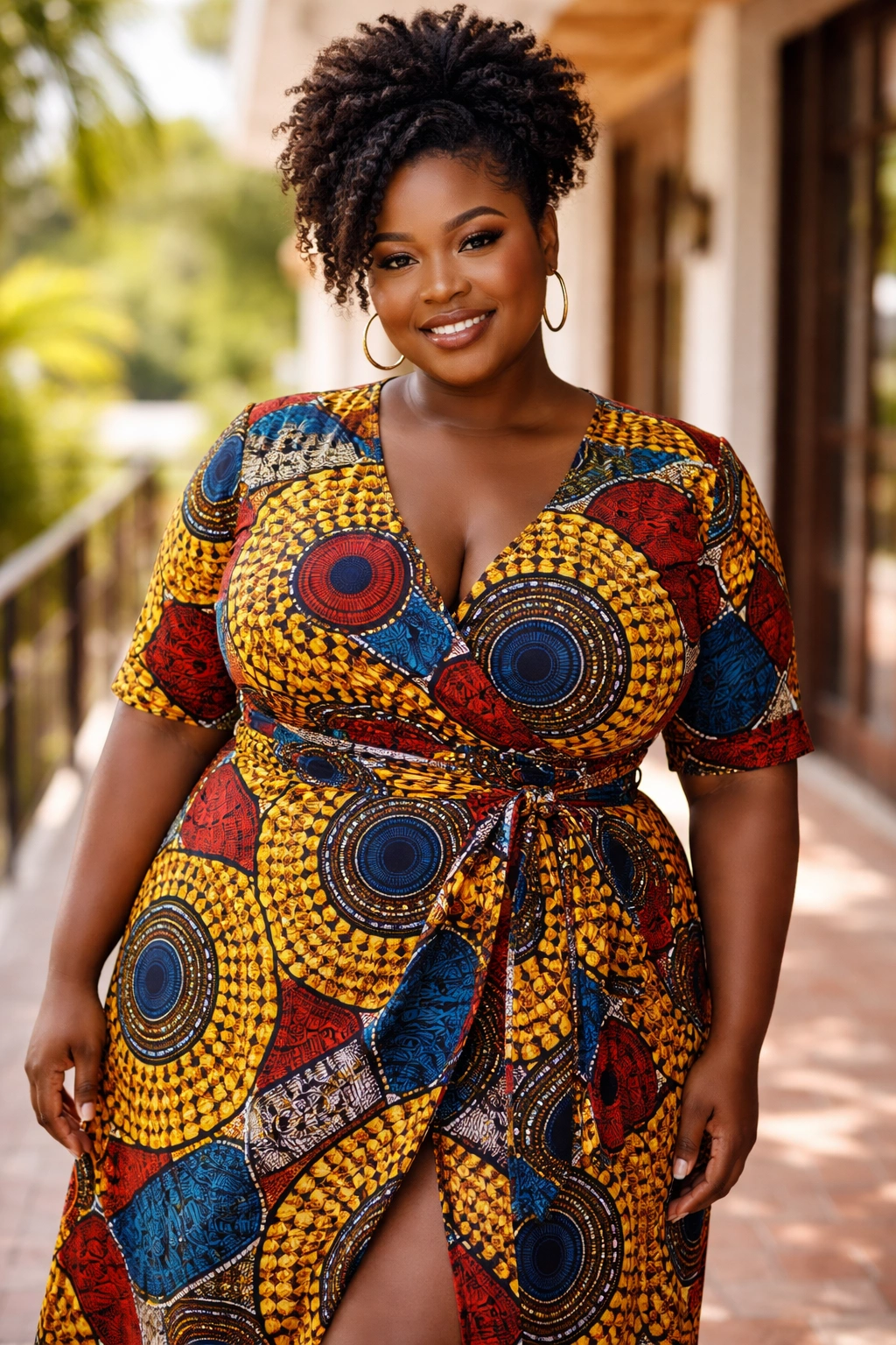 Plus-size woman in Ankara wrap dress with V-neck and waist tie