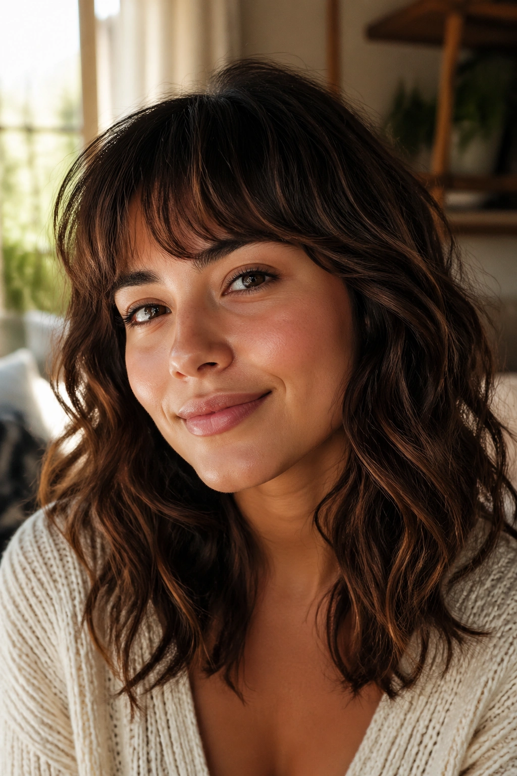 Close-up of soft arched bangs following the brow line on a real person