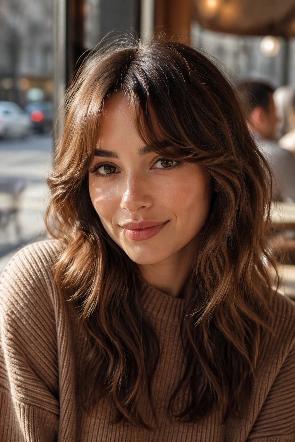 Close-up portrait of a real woman with arched bangs and center dip under warm cafe light